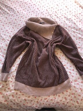 BloomChic Brown & Cream Striped Button-Collar Cape Sweater